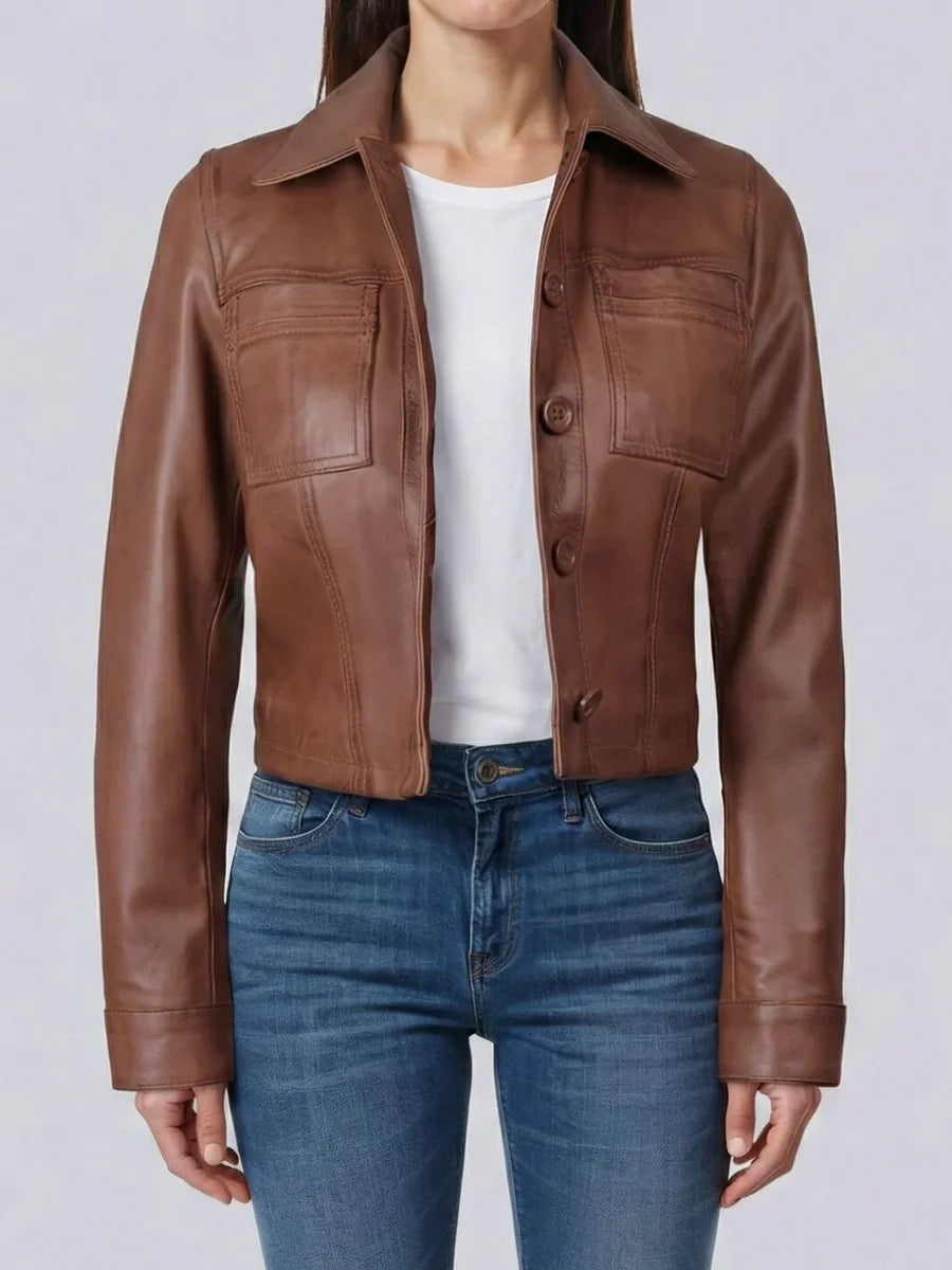 Women's Cognac Brown Cropped Leather Harrington Jacket