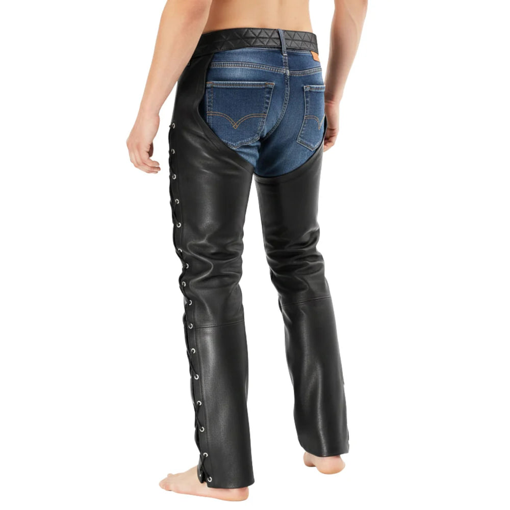 Men's black belted genuine leather motorcycle chaps with full-length side zippers by SOVR Leather
