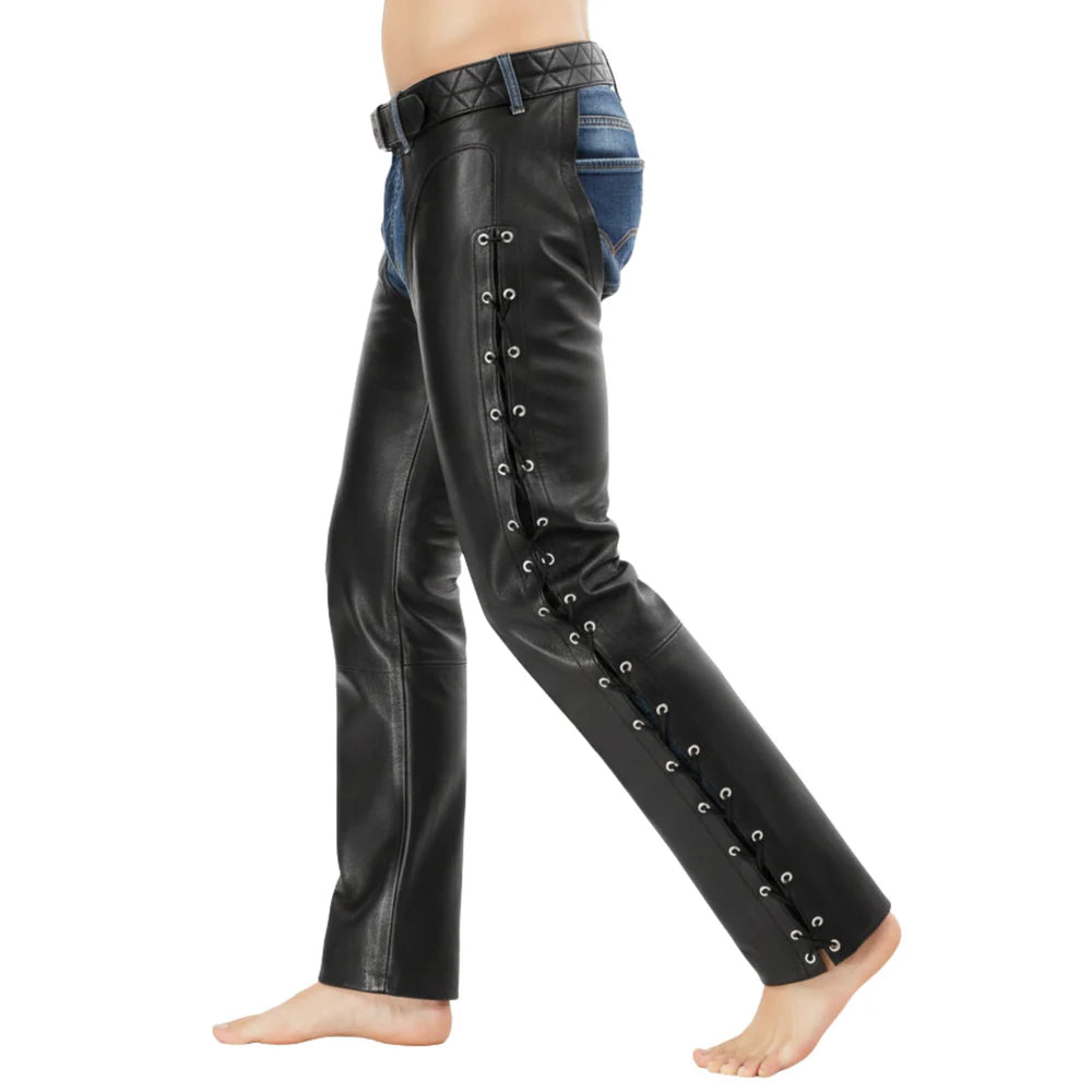 Men's black belted genuine leather motorcycle chaps with full-length side zippers by SOVR Leather
