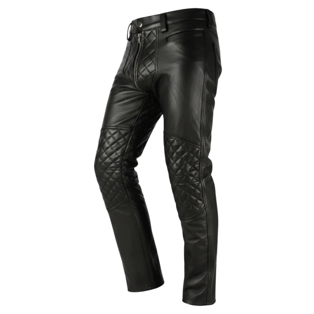 Men's Black Biker Style Leather Chaps with Quilted Padding