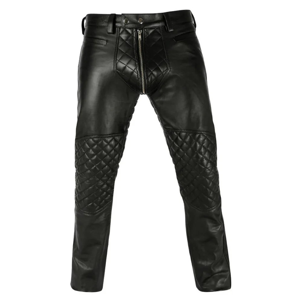 Men's Black Biker Style Leather Chaps with Quilted Padding