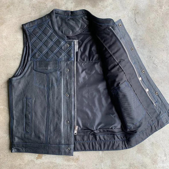Men's club style leather vest handcrafted from genuine cowhide leather by SOVR Leather