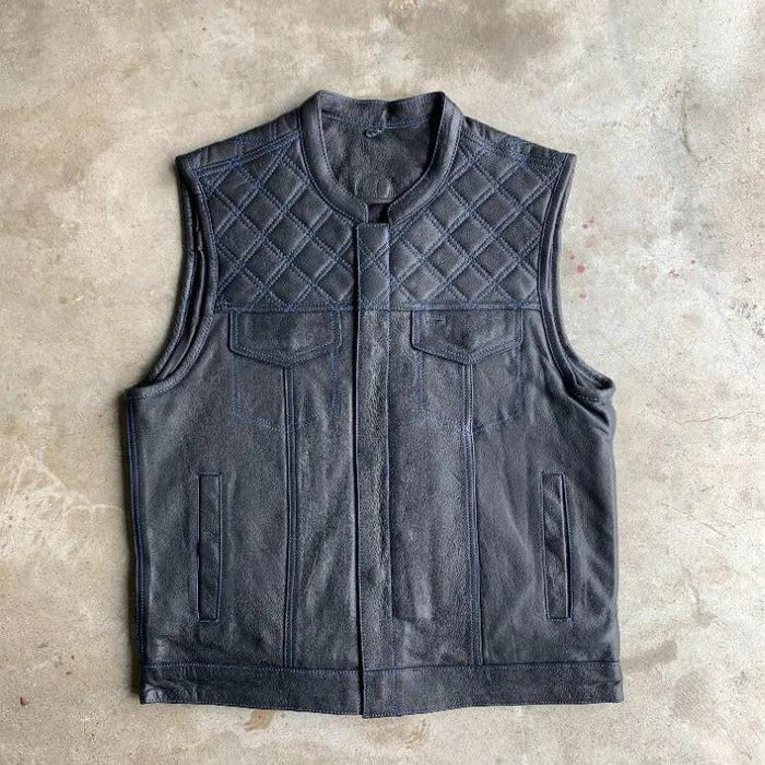Men's club style leather vest handcrafted from genuine cowhide leather by SOVR Leather