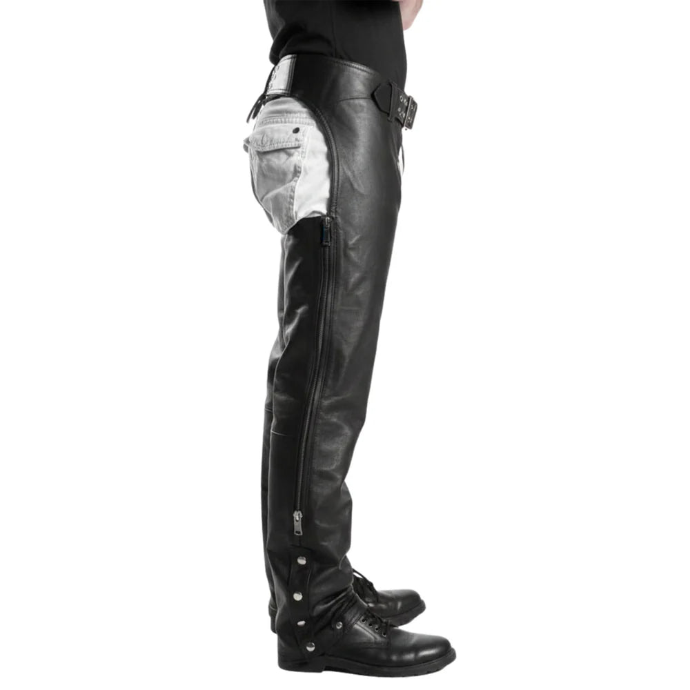 Men's genuine cowhide leather motorcycle chaps handcrafted by SOVR Leather