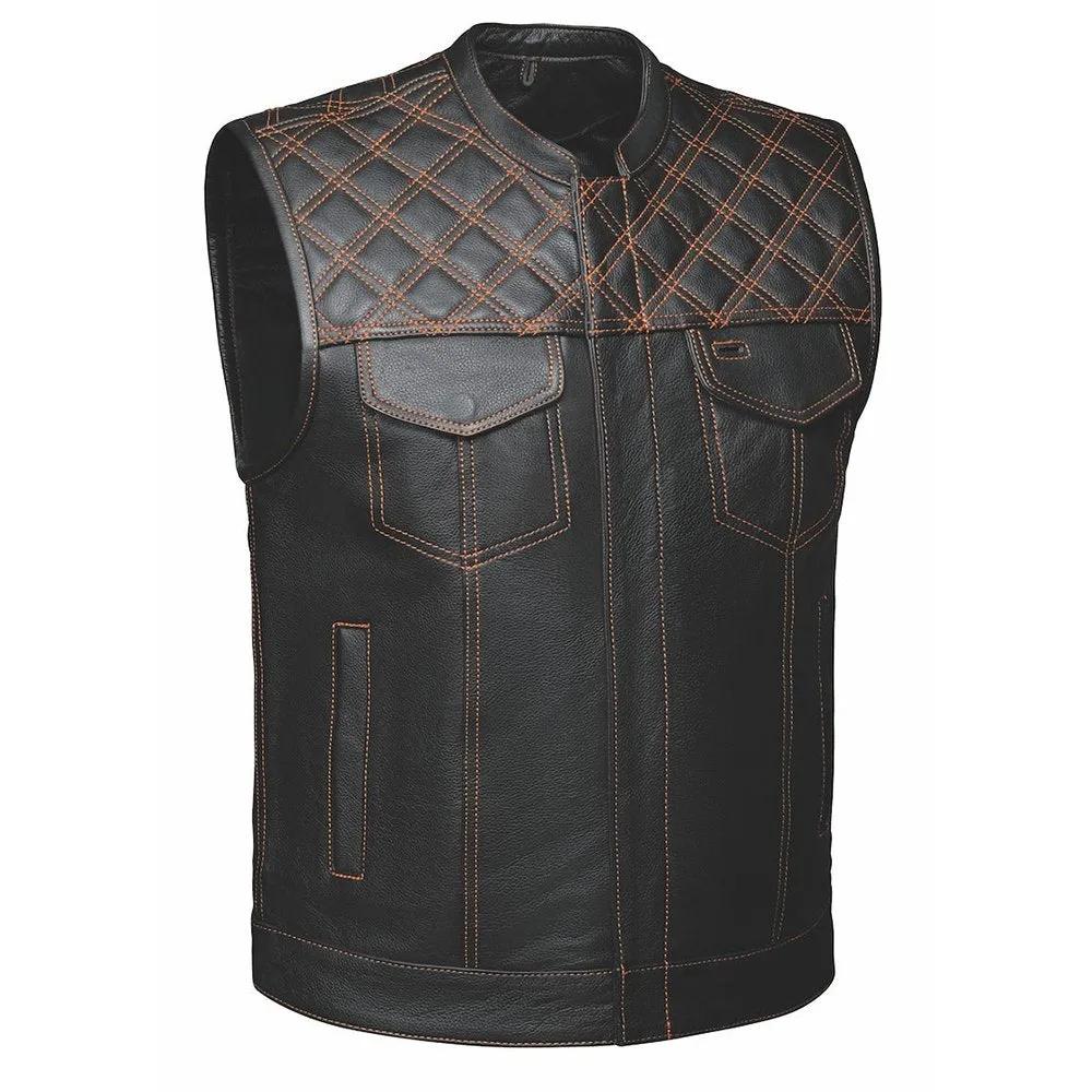Men's distressed genuine leather vest with diamond shoulder stitching by SOVR Leather