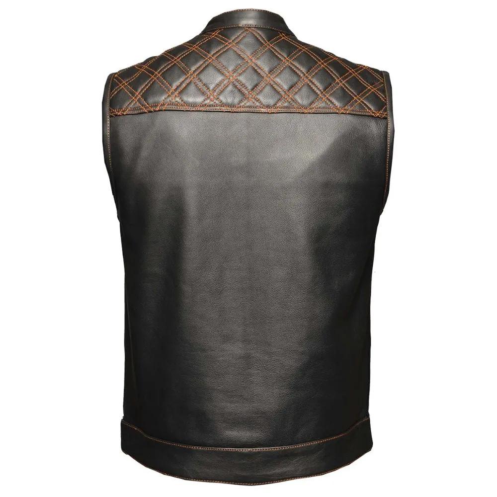 Men's distressed genuine leather vest with diamond shoulder stitching by SOVR Leather