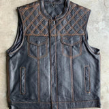 Men's distressed genuine leather vest with diamond shoulder stitching by SOVR Leather