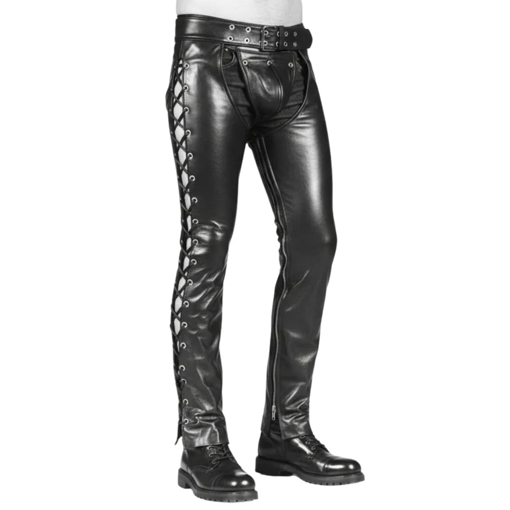 Men's black genuine leather lace up pants with adjustable side lacing by SOVR Leather