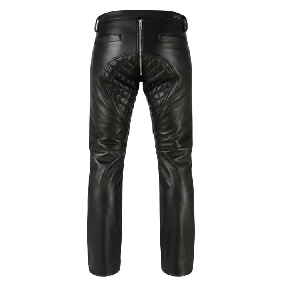Men's genuine leather motorcycle pants with quilted knee panels by SOVR Leather