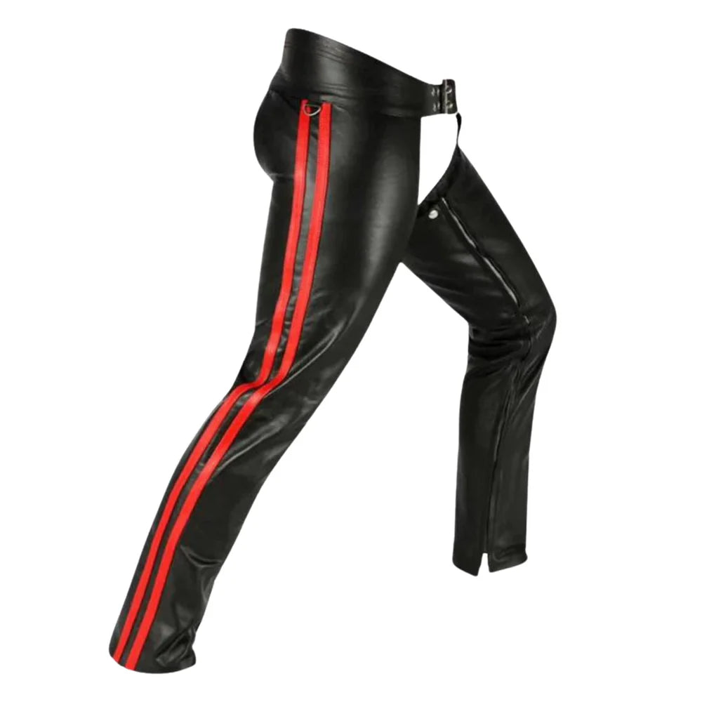 Men's genuine leather motorcycle riding chaps with adjustable waist and full-length side zippers by SOVR Leather
