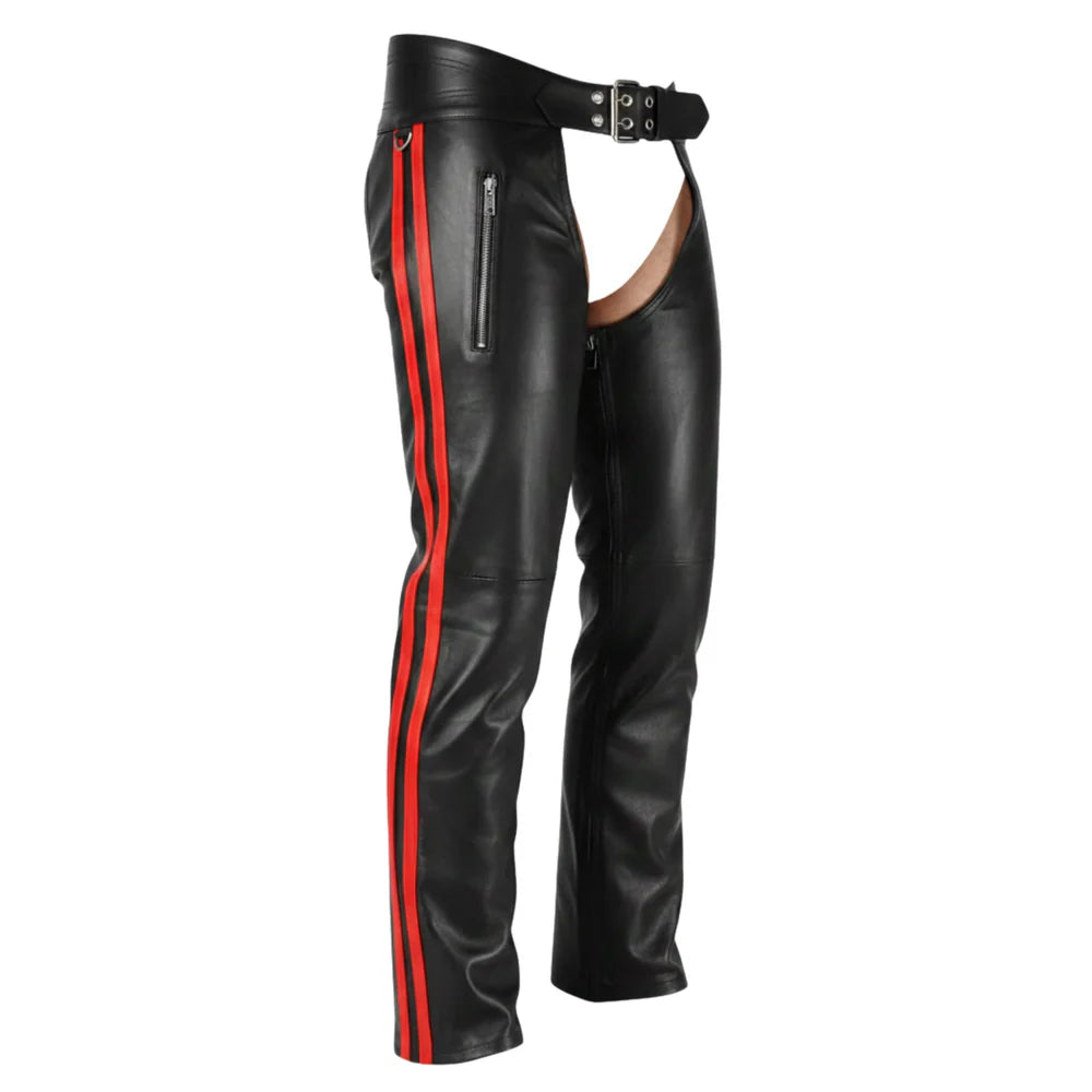 Men's genuine leather motorcycle riding chaps with adjustable waist and full-length side zippers by SOVR Leather