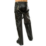 Men's black studded genuine leather pants with strap detailing by SOVR Leather