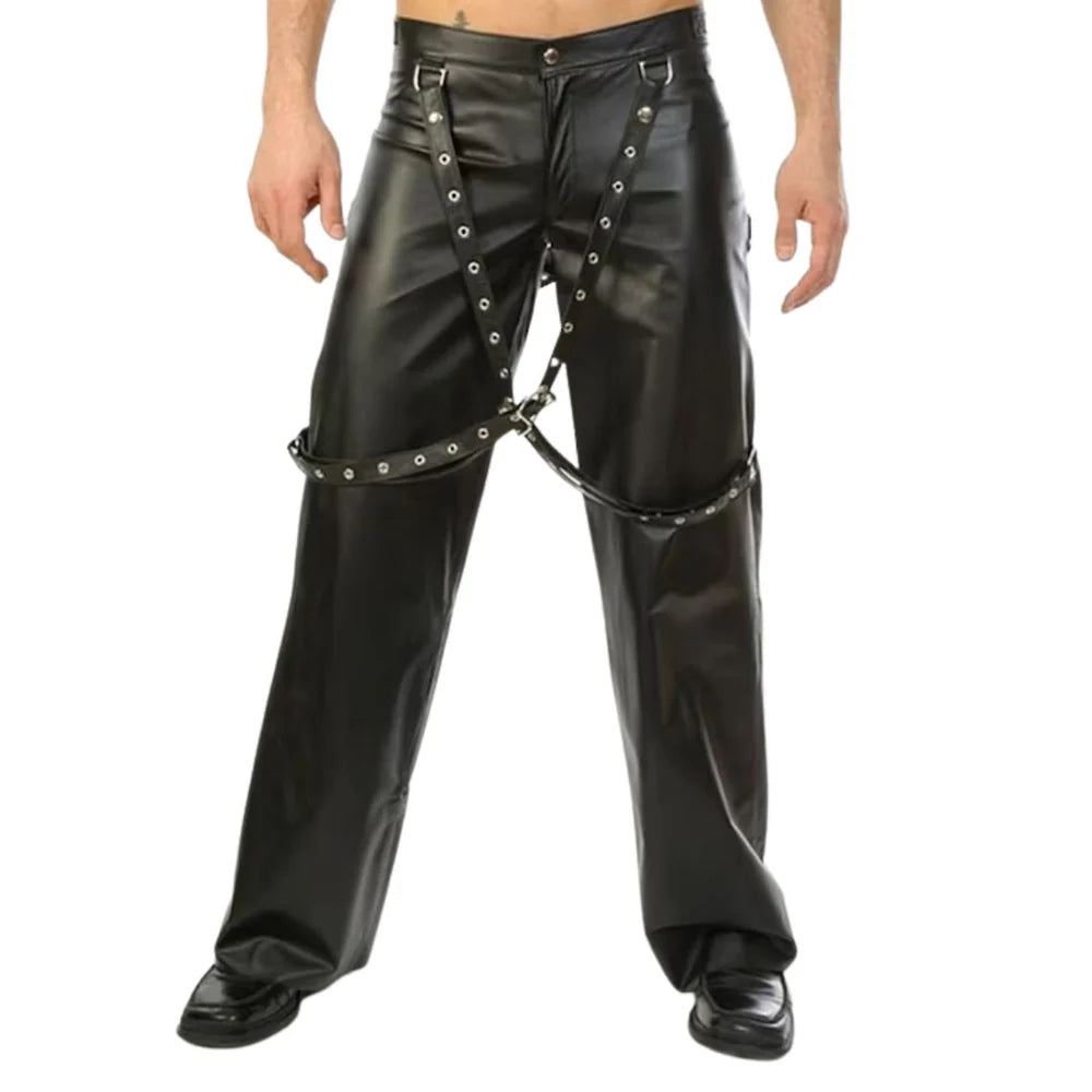 Men's black studded genuine leather pants with strap detailing by SOVR Leather