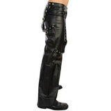 Men's black studded genuine leather pants with strap detailing by SOVR Leather