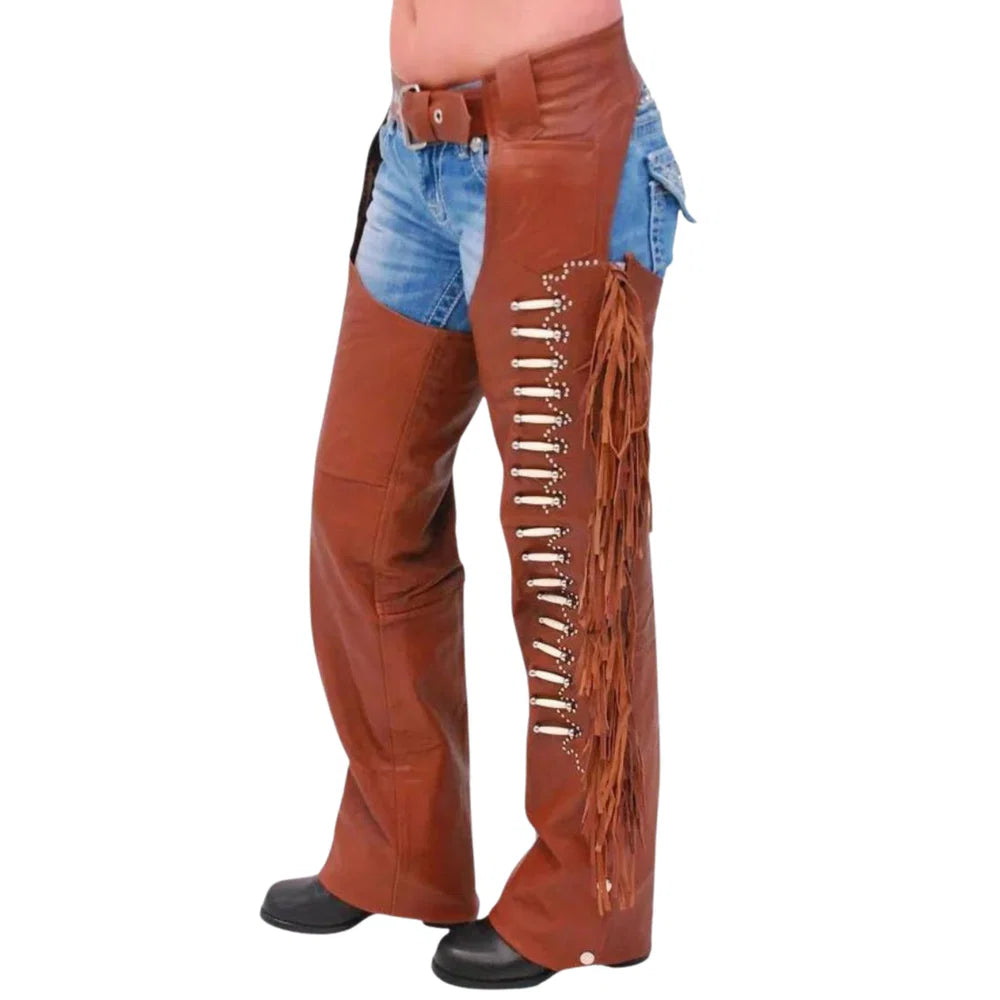 Men's brown Western leather chaps with fringe and beaded detailing by SOVR Leather