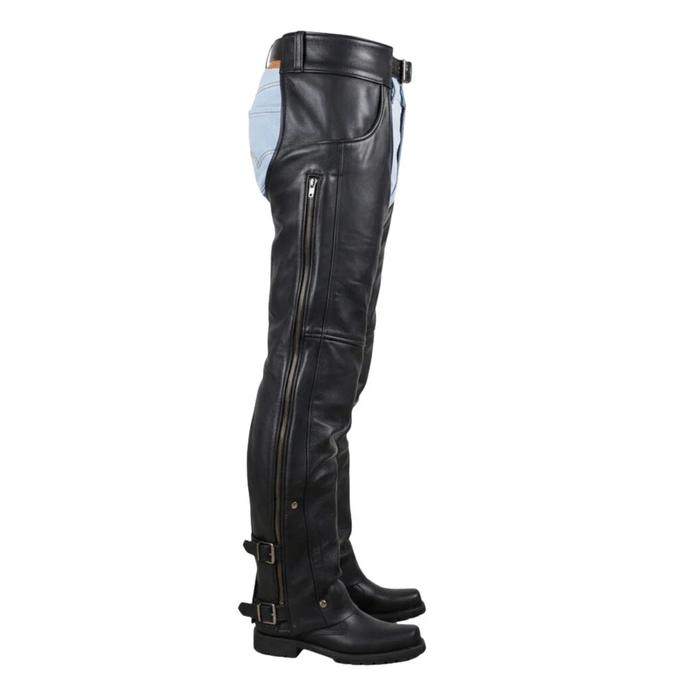 Men's black zip leg genuine leather motorcycle chaps with adjustable waist by SOVR Leather