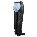 Men's black zip leg genuine leather motorcycle chaps with adjustable waist by SOVR Leather