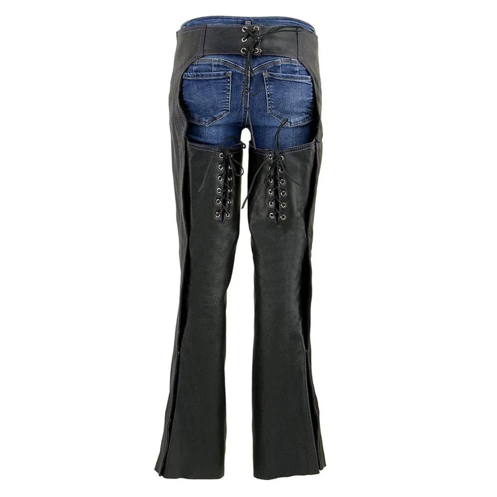 Premium Women's Black Leather Motorcycle Chaps with Studded Detail