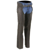 Women's black leather chaps handcrafted by SOVR Leather