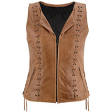 Women's Brown Genuine Leather Zippered Motorcycle Vest with Lacing