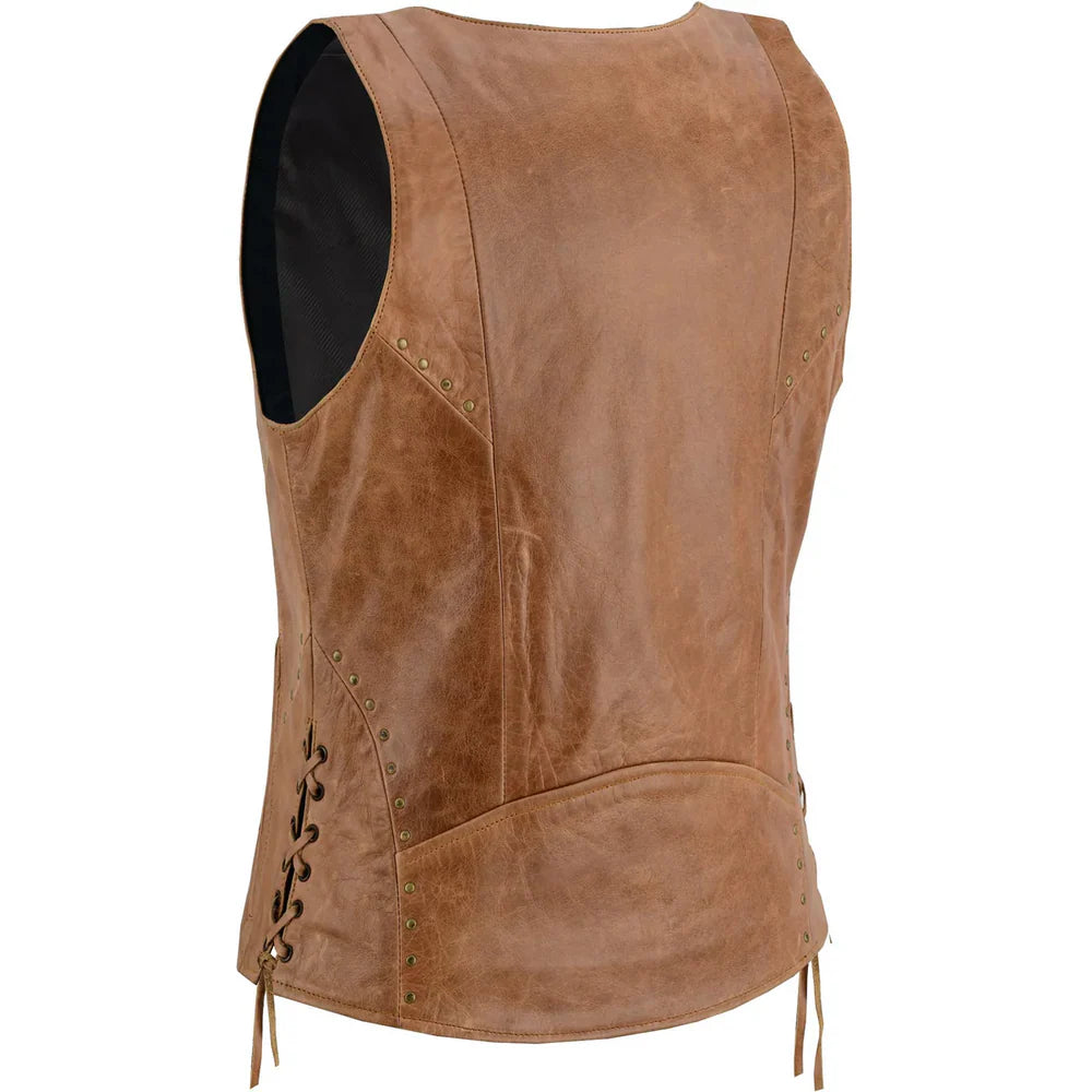 Women's brown leather vest handcrafted by SOVR Leather