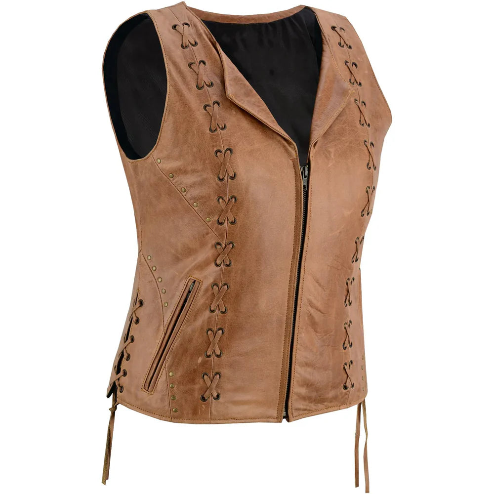 Women's brown leather vest handcrafted by SOVR Leather