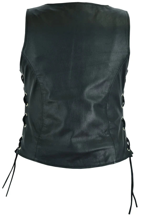 Women's leather motorcycle vest with pockets handcrafted by SOVR Leather