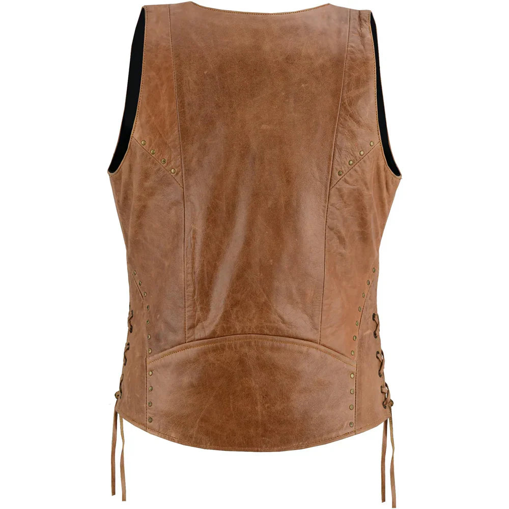 Women's brown leather vest handcrafted by SOVR Leather