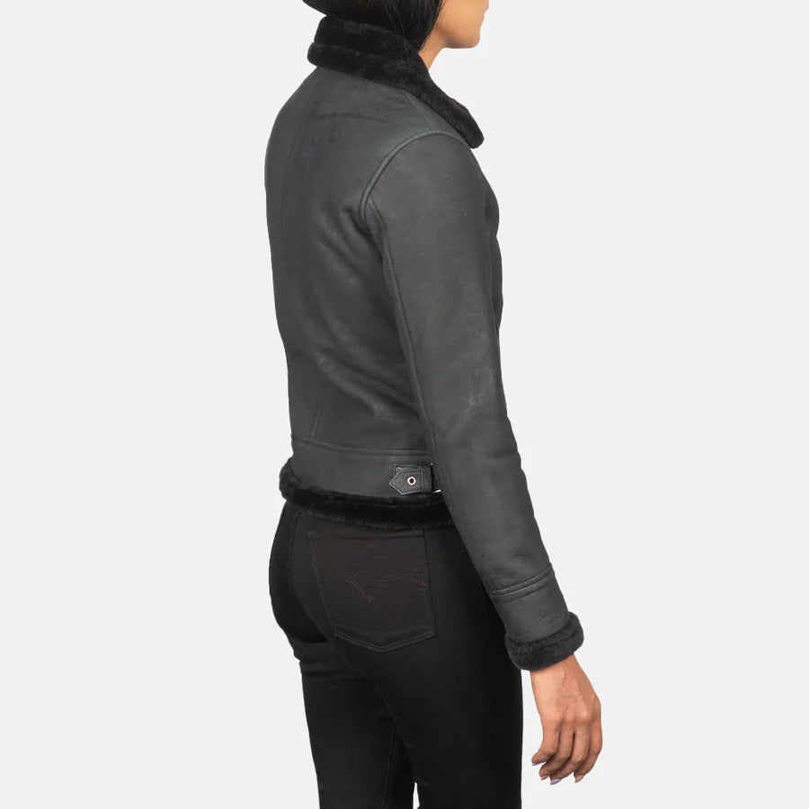 Distressed Black Leather Shearling Jacket