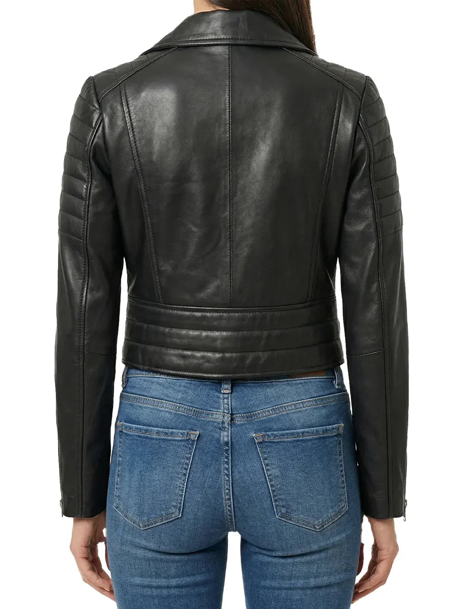 Women's Asymmetrical Black Cropped Leather Moto Jacket