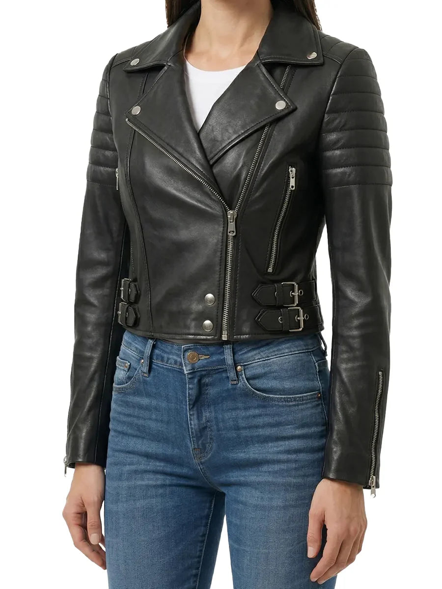 Women's Asymmetrical Black Cropped Leather Moto Jacket