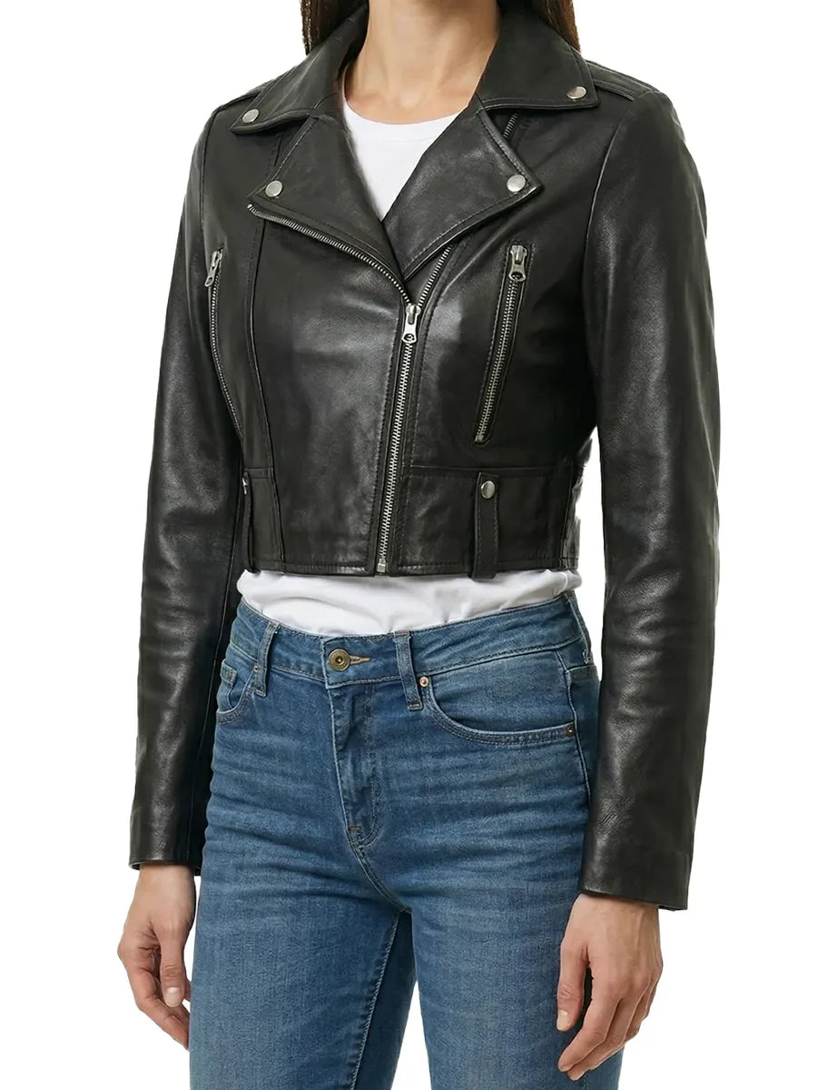 Women’s Cropped Black Biker Style Leather Jacket