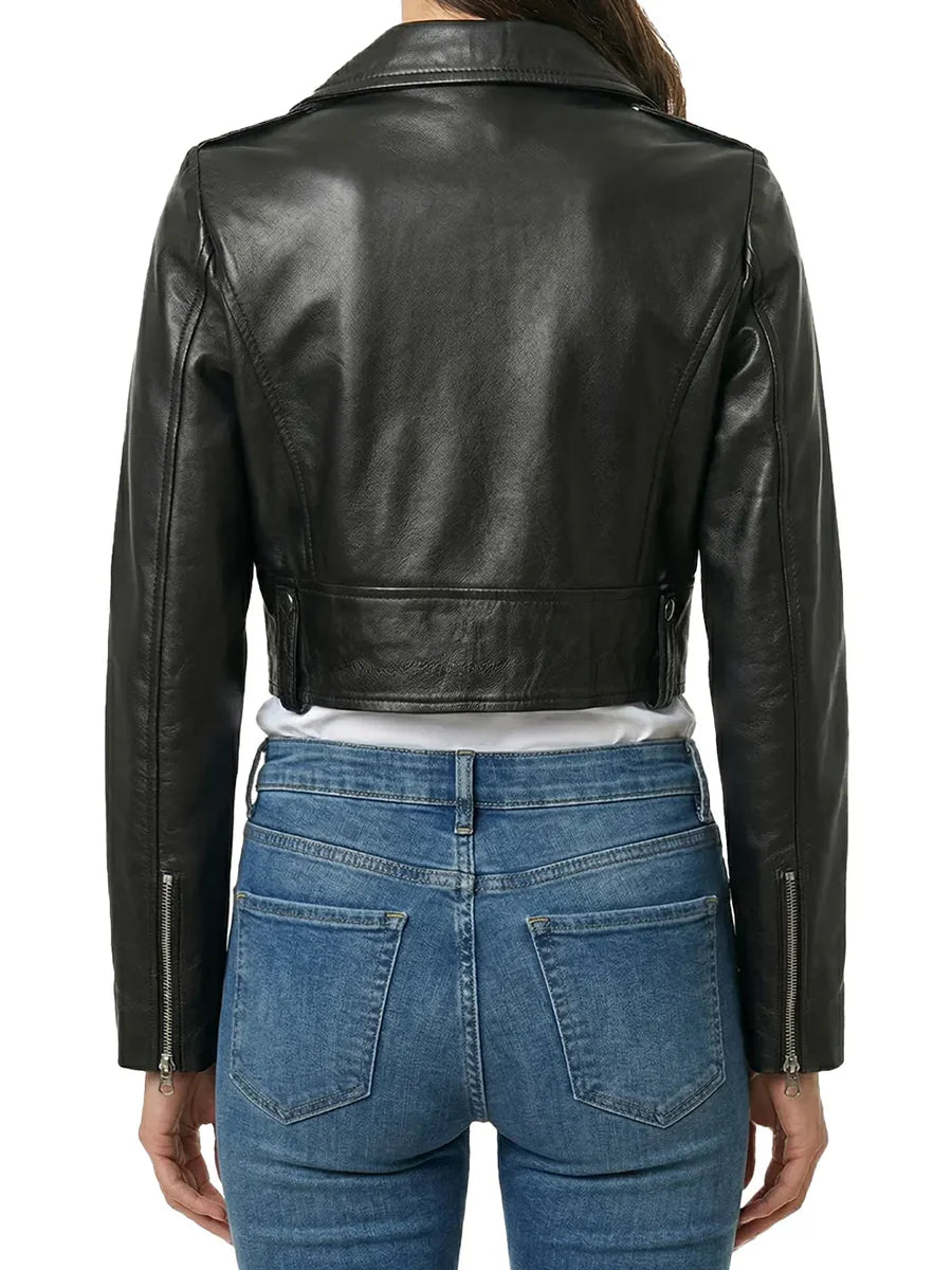 Women’s Cropped Black Biker Style Leather Jacket