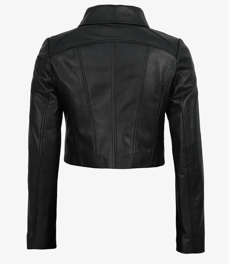 Women's Black Cropped Lambskin Harrington Jacket