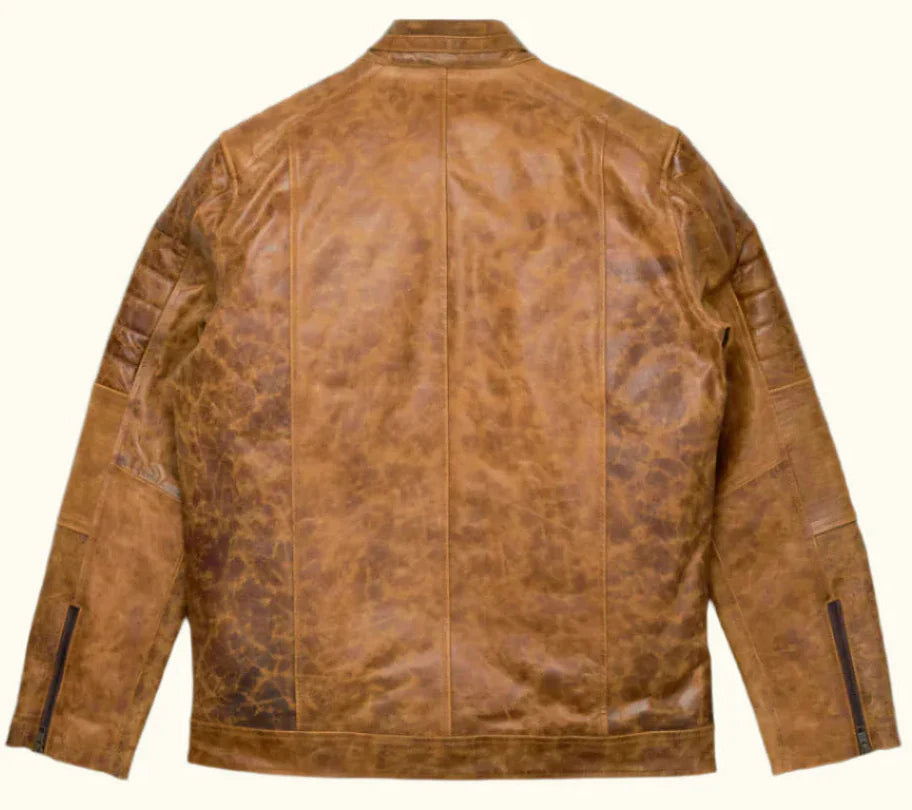 Back view of the SOVR Leather distressed brown café racer leather jacket showcasing a clean minimalist back panel, premium genuine leather construction, tailored fit, and vintage distressed brown finish.