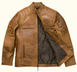 Front view of the SOVR Leather distressed brown café racer leather jacket featuring premium genuine leather, stand-up snap-tab collar, YKK front zipper, zippered pockets, and a vintage distressed finish.