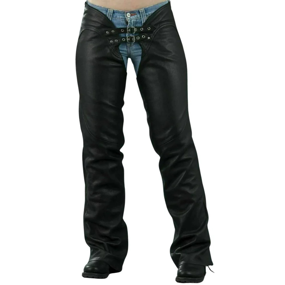 Horza Women's Black Genuine Leather Motorcycle Chaps