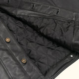 Close-up of button-front closure on men's black lambskin leather trucker jacket