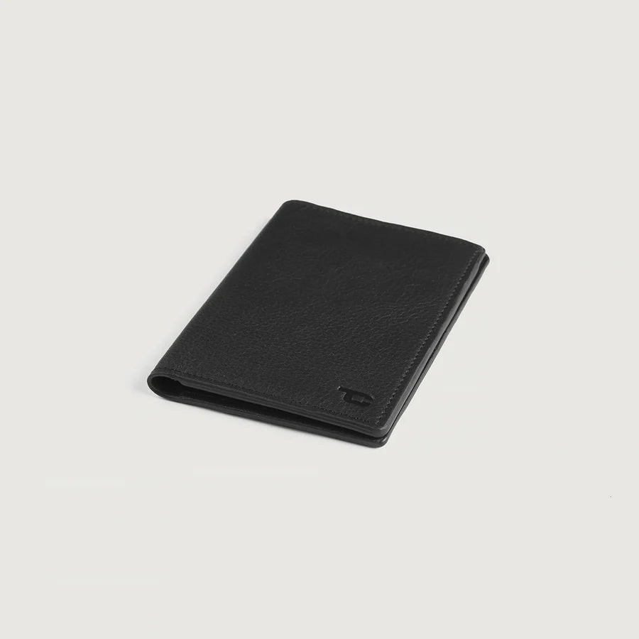 Back view of men's black leather travel wallet