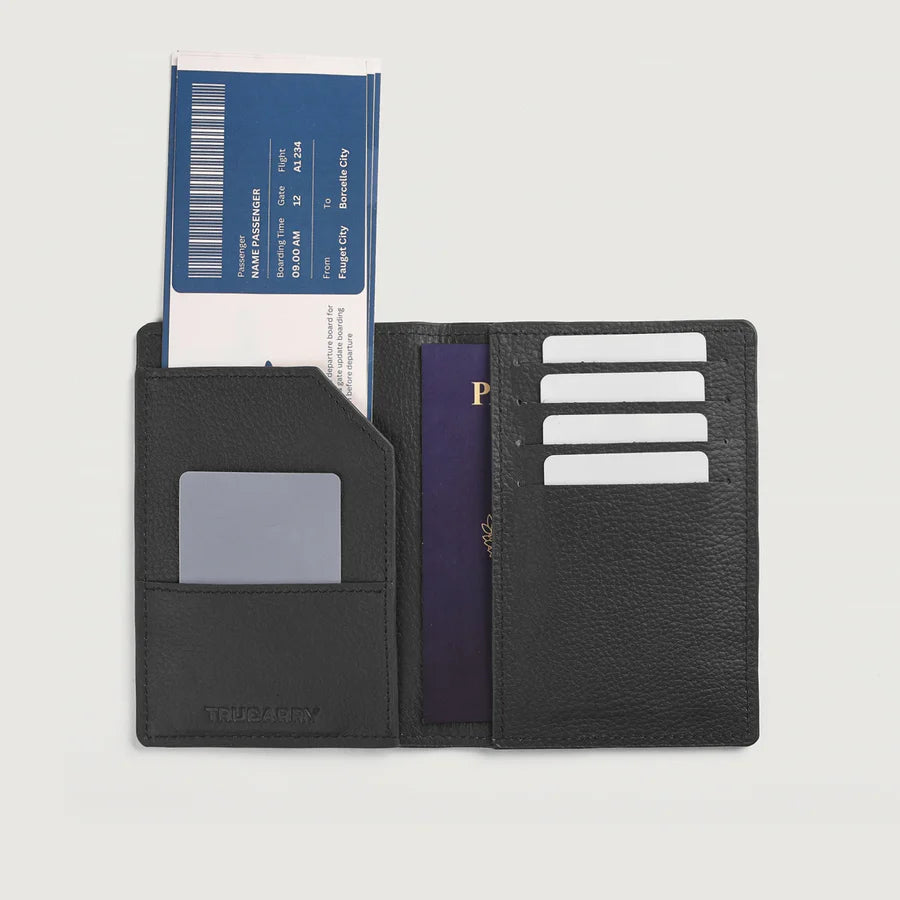 Interior of men's black leather travel wallet showing cash, cards, and document storage