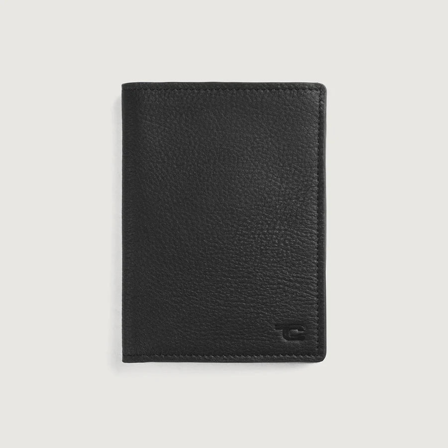 Men's black genuine leather travel wallet front view by SOVR Leather