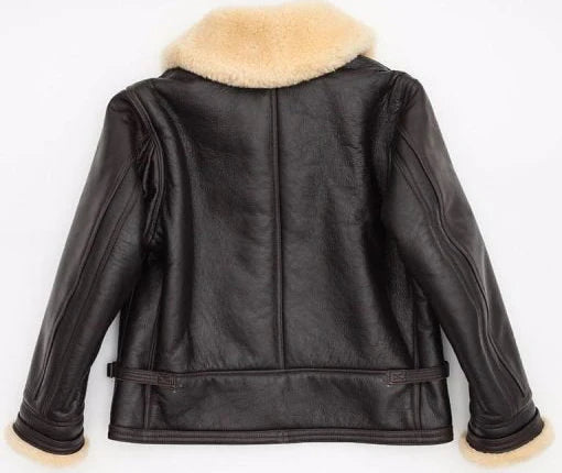 Back view of men's black leather shearling bomber jacket