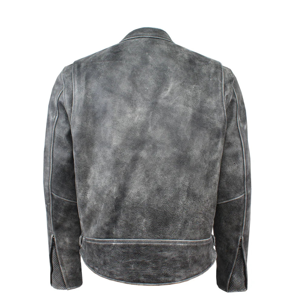 Back view of men's black touring leather riding jacket