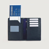 Open view of men's blue leather passport wallet with passport and card compartments