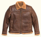 Men's brown genuine leather aviator shearling bomber jacket front view by SOVR Leather