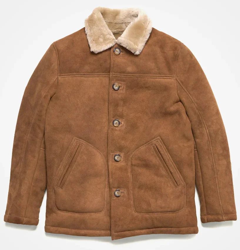 Men's brown corduroy shearling collar jacket front view by SOVR Leather