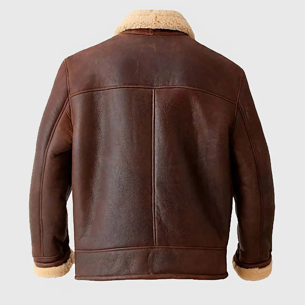 Back view of men's brown cowhide leather aviator jacket