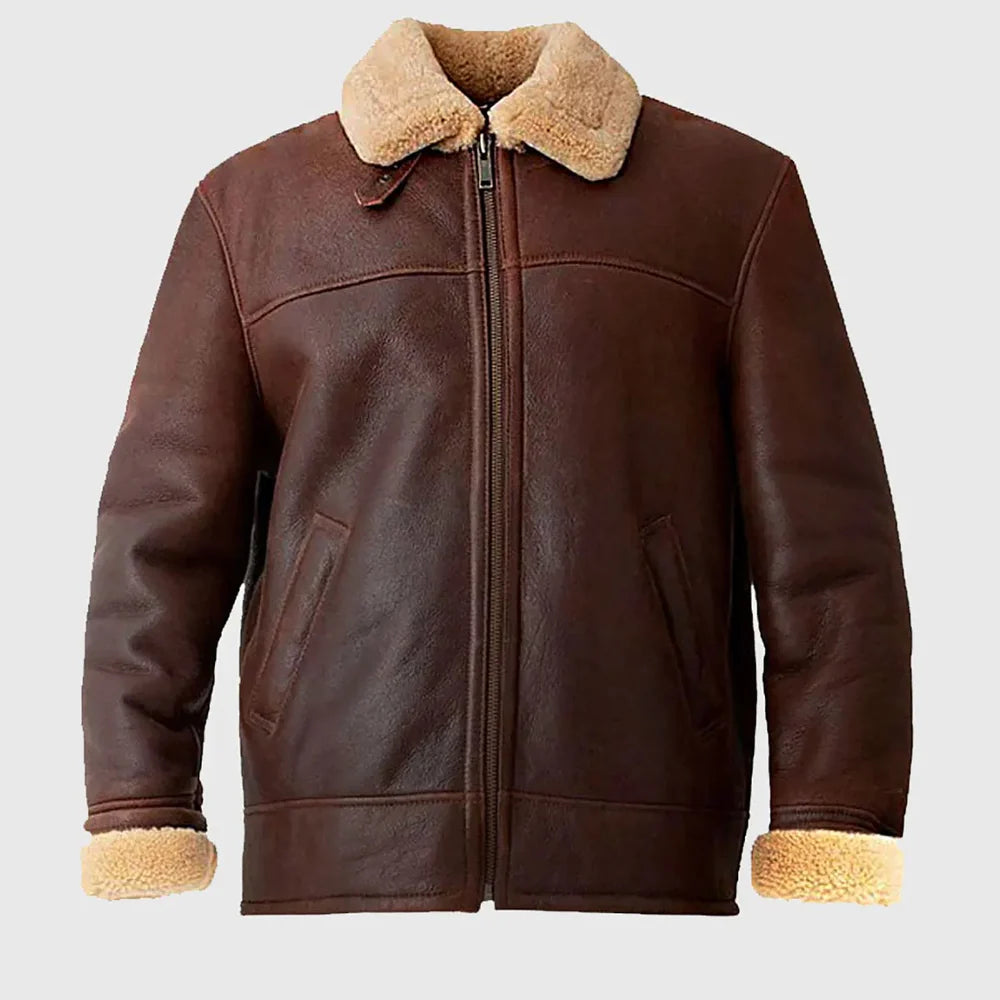 Men's brown full-grain cowhide leather shearling aviator jacket front view by SOVR Leather