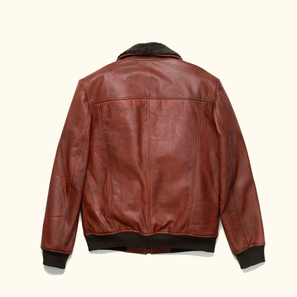 Back view of men's brown leather aviator bomber jacket
