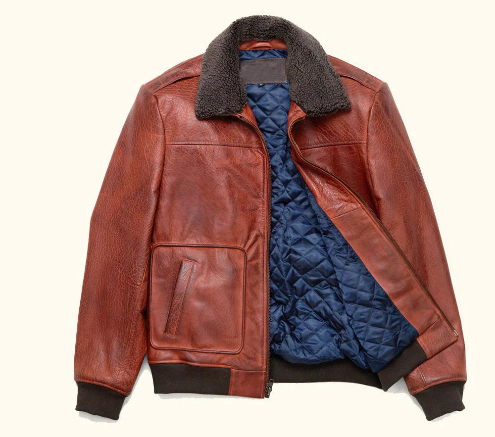 Men's brown genuine leather aviator bomber jacket front view by SOVR Leather